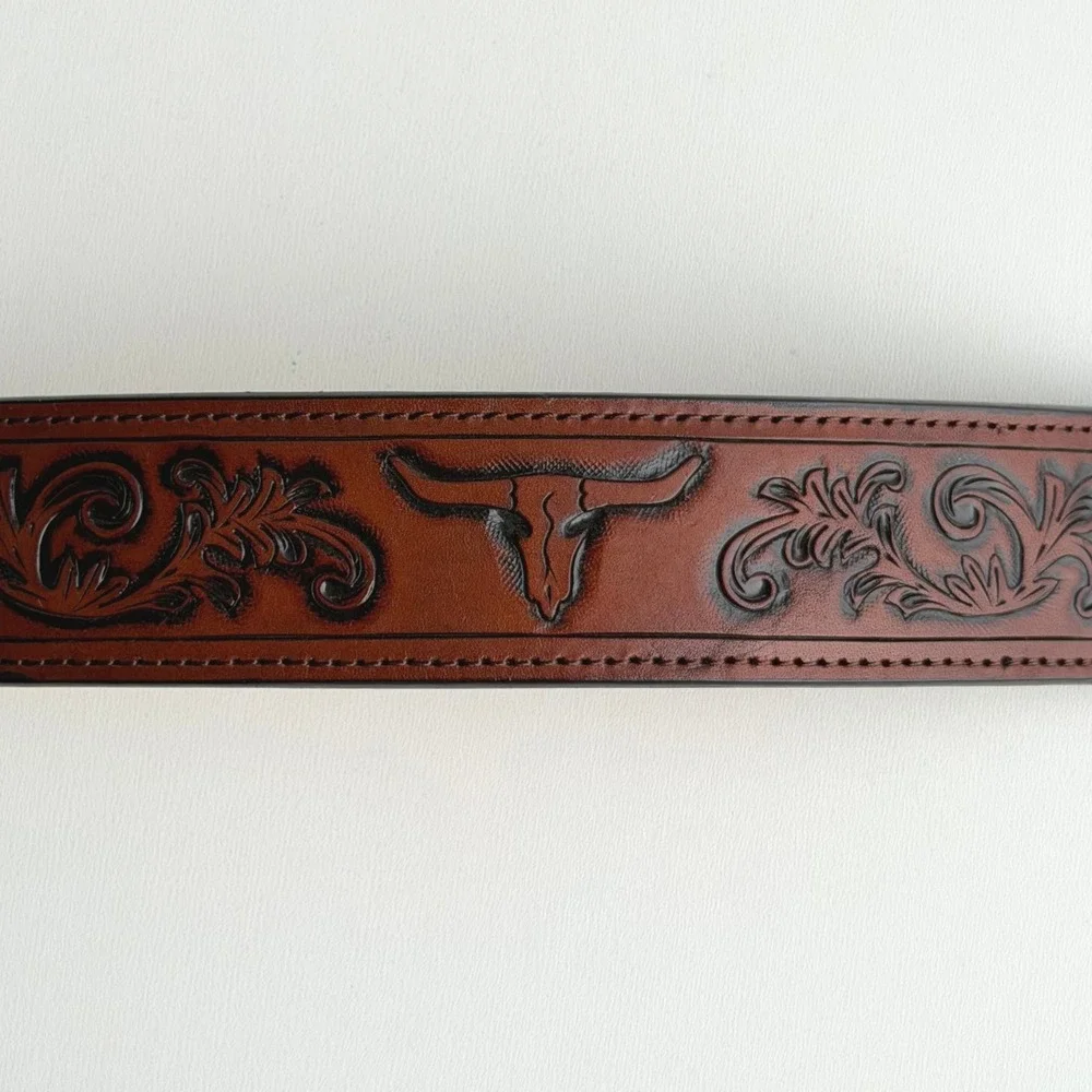 3-D Belt Co Handtooled Leather Belt Mens 42 Western Barbed Wire Braid Brown